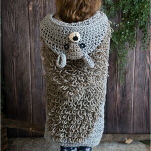 HAND MADE Kids Crochet Animal Squirrel Hooded Blanket Grey Black White Tan